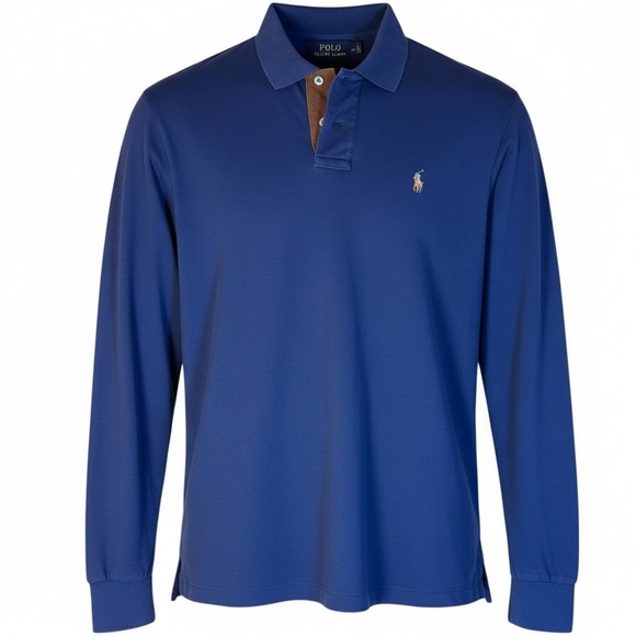 Ralph Lauren Long Sleeve Pima Polo Preppy  Navy Suede Trim Classic Fit L Men's - Picture 2 of 8